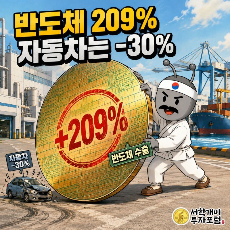 거대한 반도체 웨이퍼를 들어올리며 득의양양해하는 부자개미와 구석에 찌그러진 작은 자동차