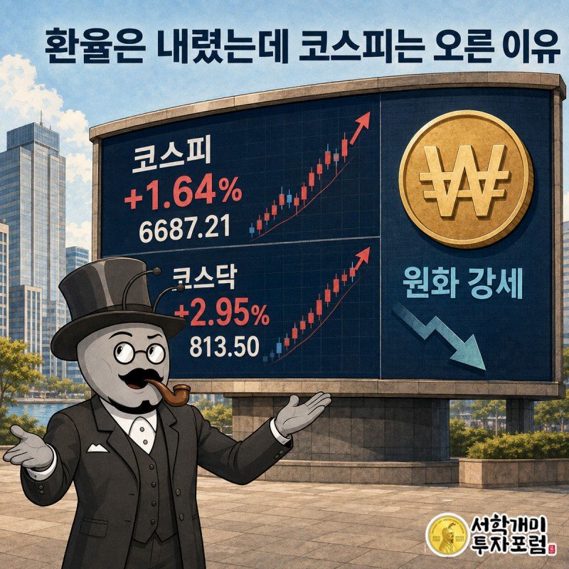 여의도 전광판에 코스피 6687.21과 코스닥 813.50 상승 숫자, 원화 강세 화살표가 떠 있고 개미가 기뻐하면서도 한쪽 눈썹을 치켜올린 표정을 짓고 있다.