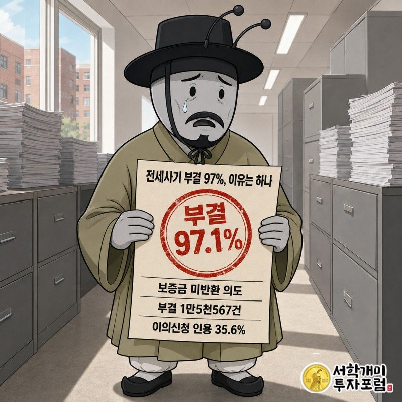 전세사기 피해 부결 통지서를 받고 낭패한 표정을 짓는 서민개미와 벽돌색 97.1% 부결 도장