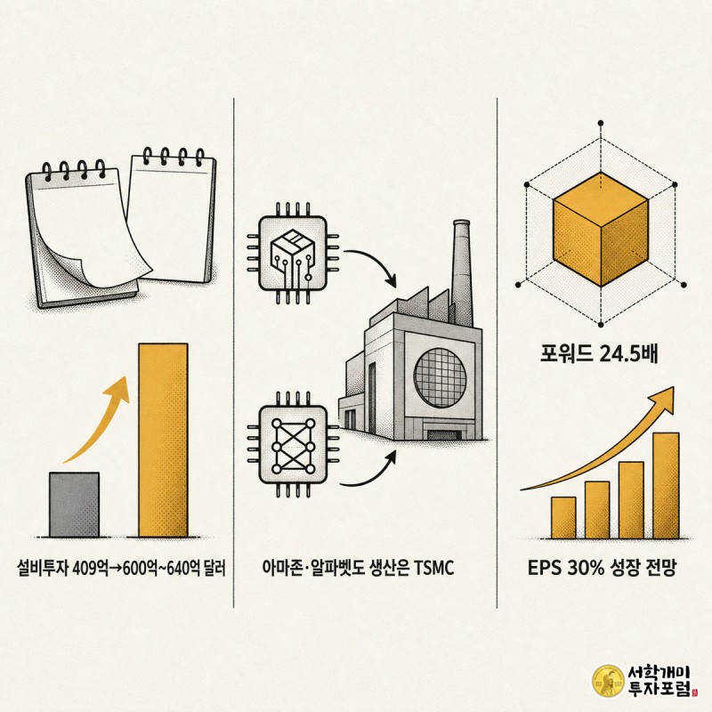 설비투자 증가, 하이퍼스케일러의 TSMC 생산 의존 구조, 밸류에이션 지표를 3분할 컷으로 보여주는 코믹 삽화