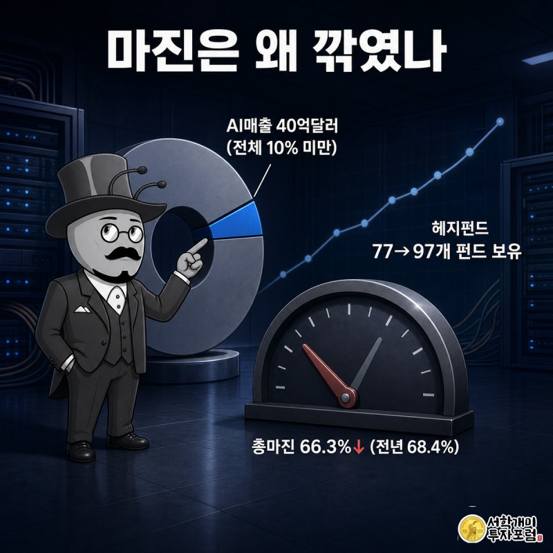 도넛차트 속 작은 AI매출 조각을 가리키는 개미와 66.3%를 가리키는 마진 게이지 바늘이 함께 있는 장면