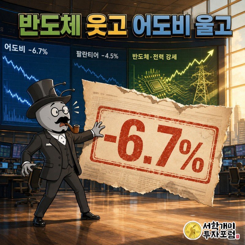 부자개미가 어도비 주가 -6.7% 하락 스탬프를 보고 놀라는 동안 뒤쪽 시황판에는 반도체 상승 그래프가 빛난다