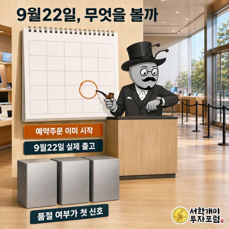 캘린더의 9월22일에 동그라미가 쳐져 있고 부자개미가 손목시계를 보며 매장 앞 줄을 가리키는 장면