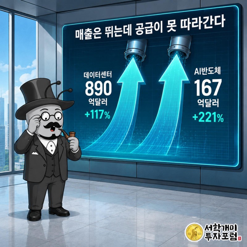 엔비디아와 브로드컴의 매출 막대그래프가 치솟는 것을 부자개미가 놀란 표정으로 올려다보는 모습