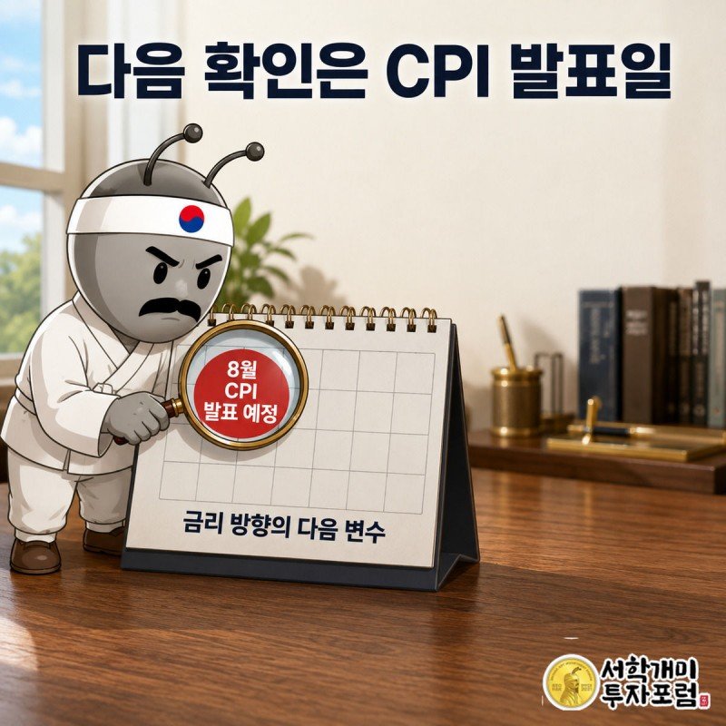 서민개미가 돋보기로 탁상달력의 붉은 CPI 발표일 표시를 유심히 살피는 모습
