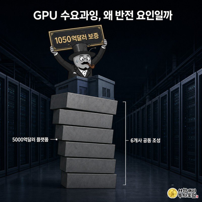 엔비디아 개미가 오하이오 데이터센터 모형 위에서 1050억달러 보증서를 떠받치고, 그 아래 6개 금융사가 쌓은 5000억달러 플랫폼 탑이 위태롭게 기울어진 모습