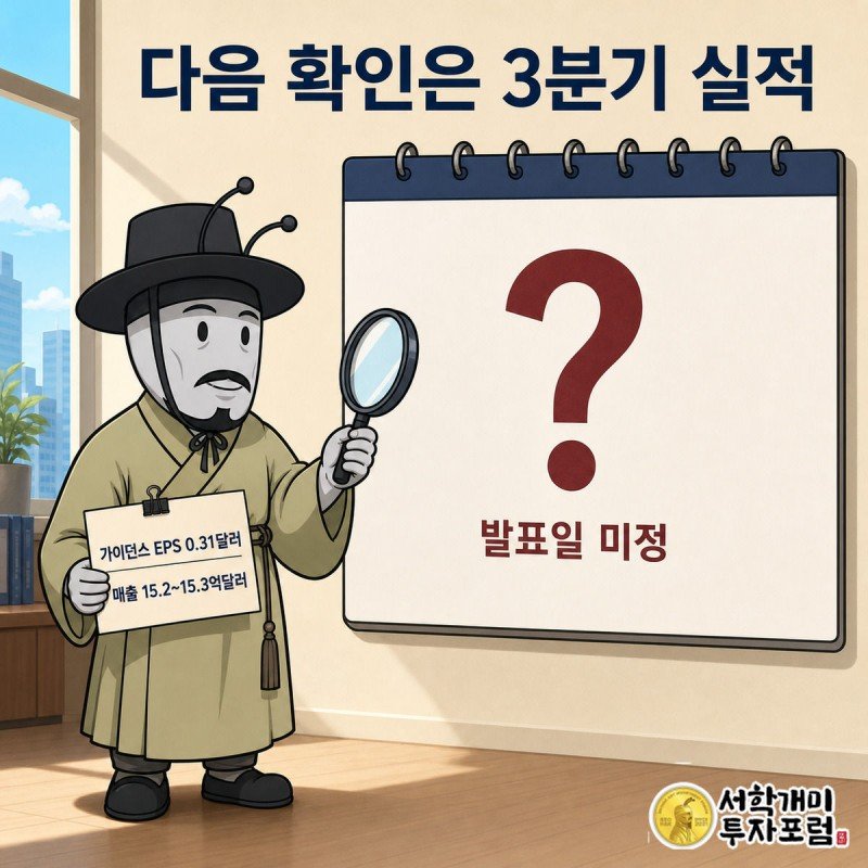서민개미 캐릭터가 발표일이 미정인 달력 앞에서 돋보기로 3분기 가이던스를 확인하는 모습