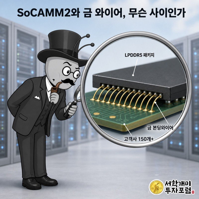 서민개미가 확대경으로 메모리 모듈 속 금빛 본딩와이어를 들여다보며 SoCAMM2와의 연결 구조를 확인하는 그림