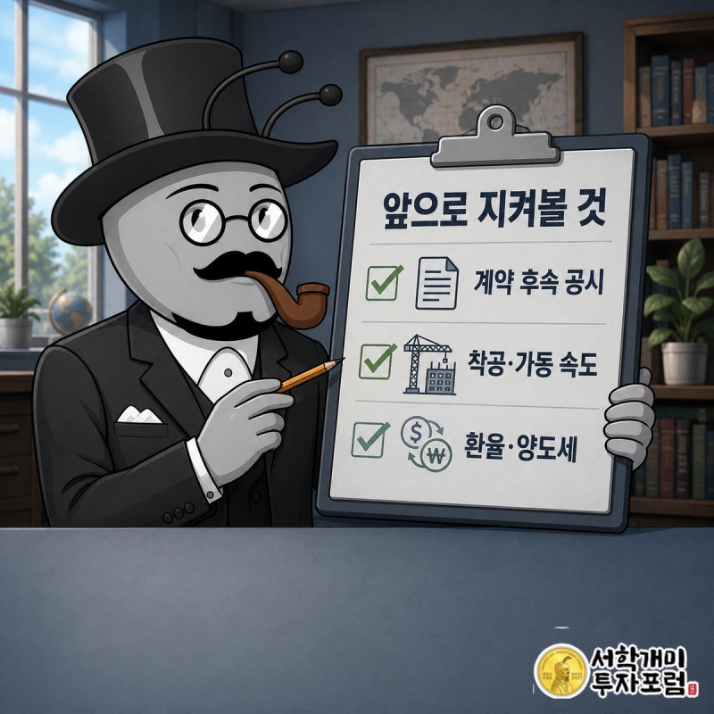 부자개미가 계약 공시, 착공 속도, 환율표를 체크리스트로 확인하는 모습