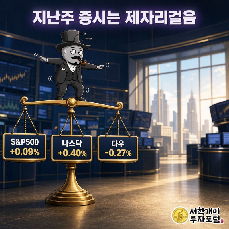 S&#038;amp;P500·나스닥·다우 세 지수 깃발판이 거의 수평을 이룬 저울 위에서 부자개미가 균형을 잡는 장면