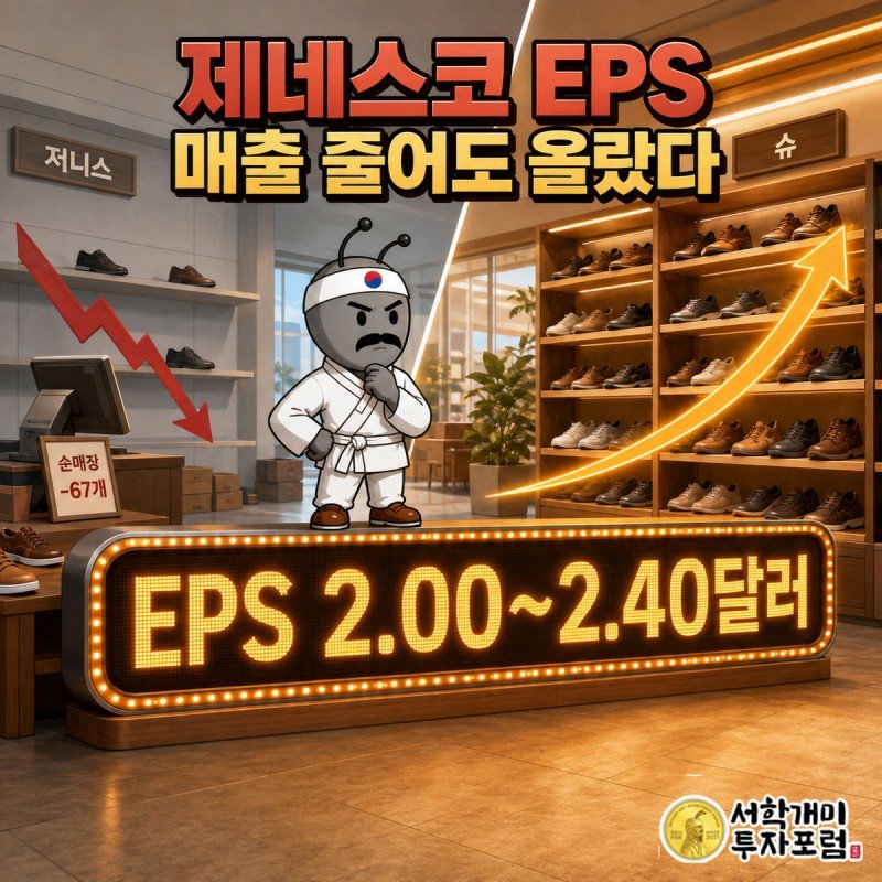 매장 진열대가 좌우로 나뉘어 매출 하락과 EPS 상승을 대비해 보여주고 부자개미 캐릭터가 중앙 경계에서 양쪽을 번갈아 보는 장면