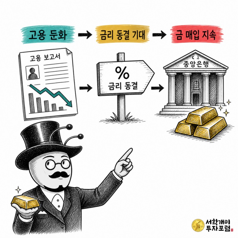 고용 둔화에서 금리 동결 기대와 중앙은행 금 매입으로 이어지는 흐름을 설명하는 서학개미 기자