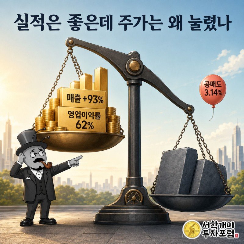 부자개미가 실적이 넘치는데도 우려의 무게에 눌려 기우는 저울을 억울하게 바라보는 모습