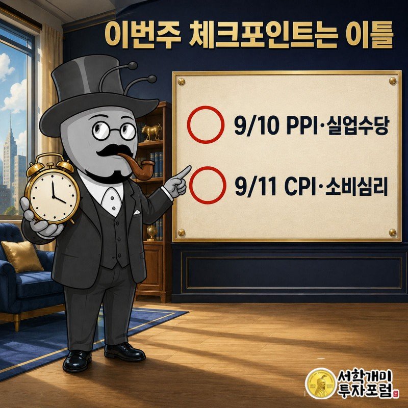 벽걸이 캘린더의 9월 10일과 11일에 빨간 동그라미가 쳐 있고 서민개미가 체크리스트를 들고 확인하는 장면