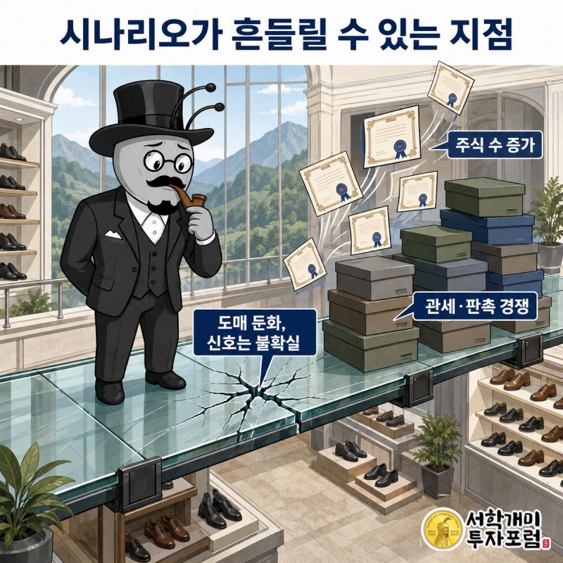 서민개미가 금이 간 유리 다리 위에서 도매 둔화 균열과 늘어나는 주식, 쌓인 관세 상자를 불안하게 내려다보는 모습