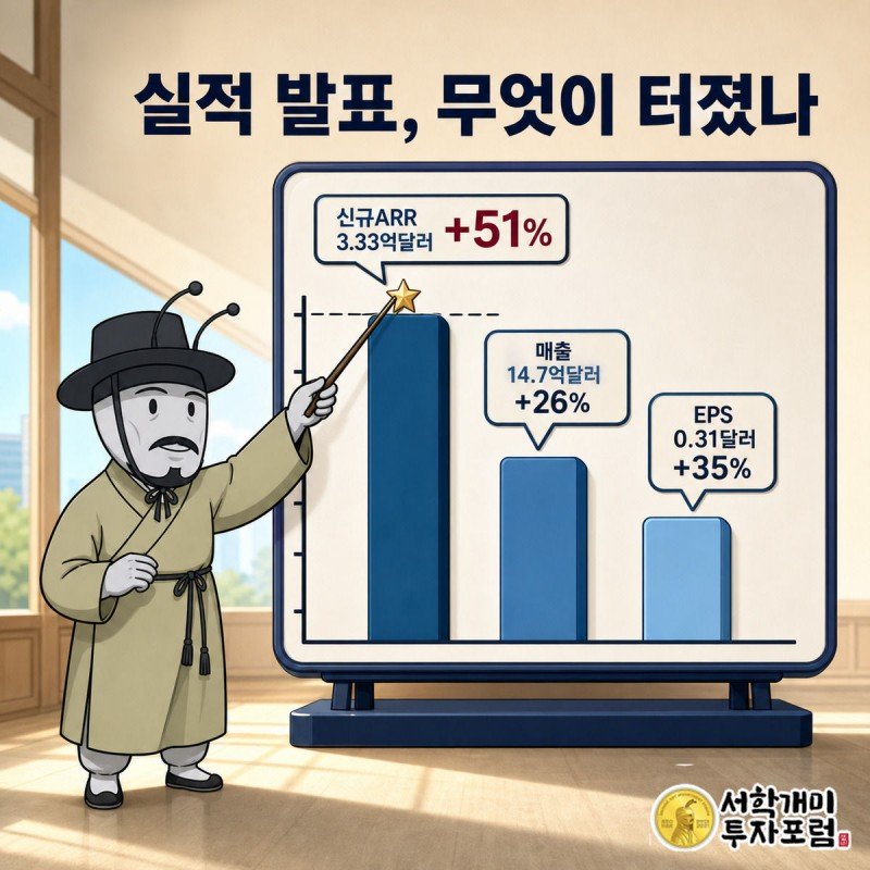 실적 발표 그래프에서 신규 ARR 막대가 사상 최고치를 뚫고 솟아오르자 서민개미 캐릭터가 놀라 가리키는 모습