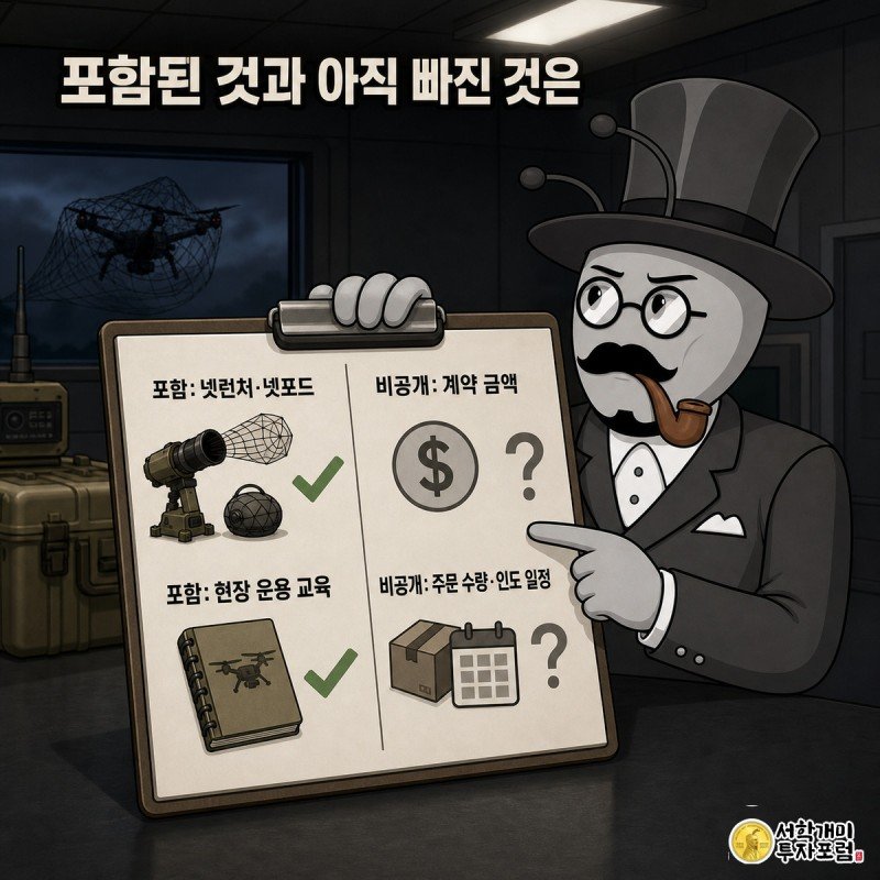 개미 요원이 클립보드의 계약 구성표를 확인하며 넷런처·넷포드·현장교육은 초록 체크로, 계약 금액과 주문 수량·인도 일정은 물음표로 표시된 항목을 가리킨다