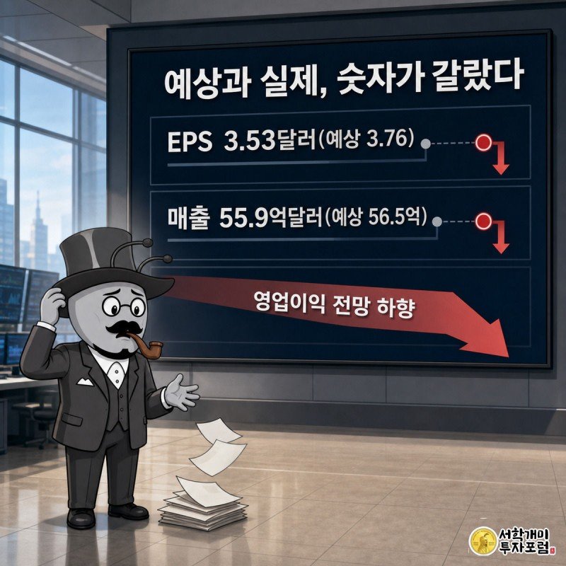 예상치와 실제 실적 숫자가 나란히 뜬 트레이딩 스크린 앞에서 개미가 서류를 놓친 채 얼어붙어 있다