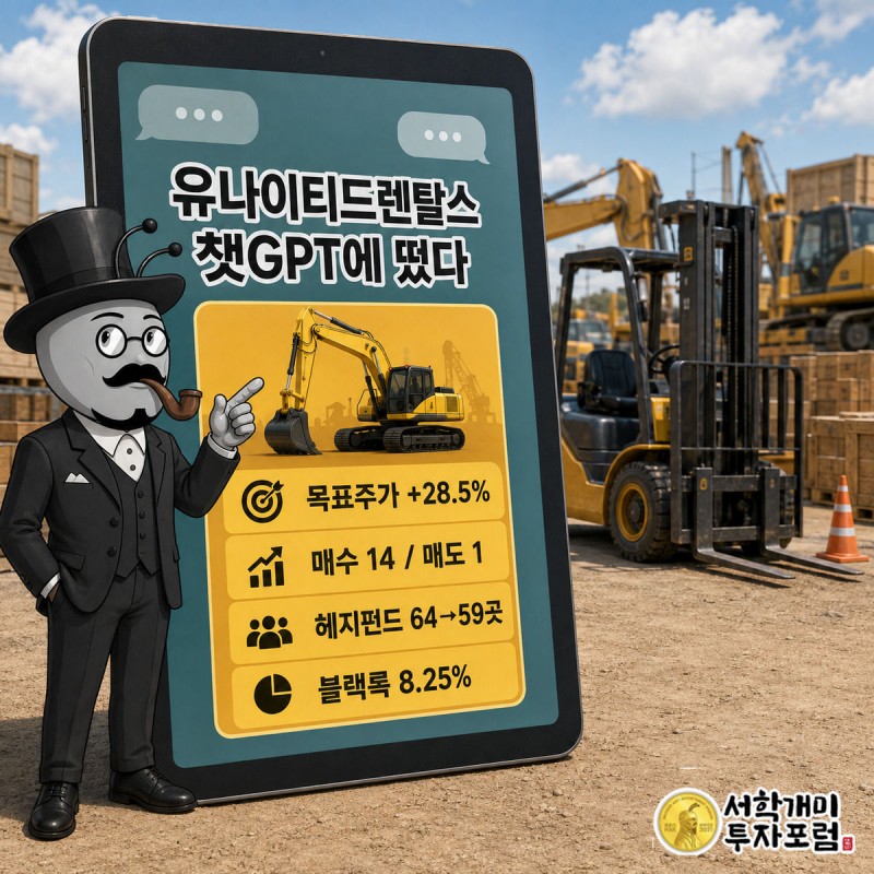 부자개미가 건설장비 야적장에서 챗GPT 채팅창에 뜬 장비 추천 카드를 놀란 표정으로 가리키고, 옆 위젯에 목표주가 +28.5%가 표시되어 있다