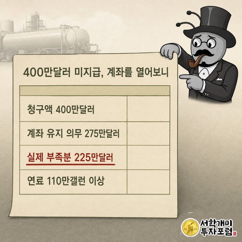 개미가 은행 계좌 명세서에서 부족한 225만달러를 손가락으로 짚으며 낭패한 표정을 짓는다