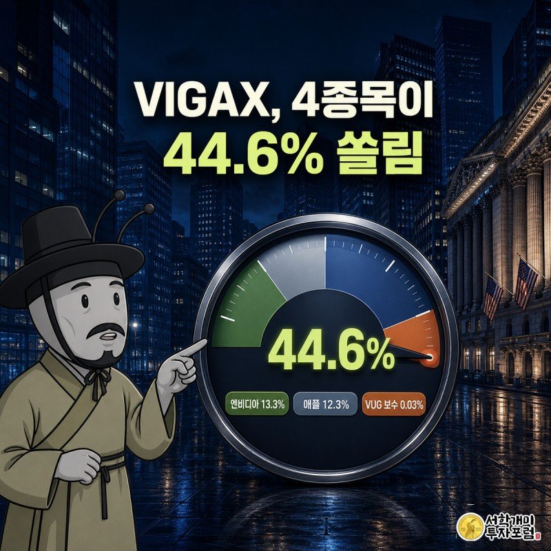 개미가 성장지수펀드 VIGAX의 4종목 집중도 44.6%를 가리키는 큰 게이지를 놀란 표정으로 가리키는 커버 이미지