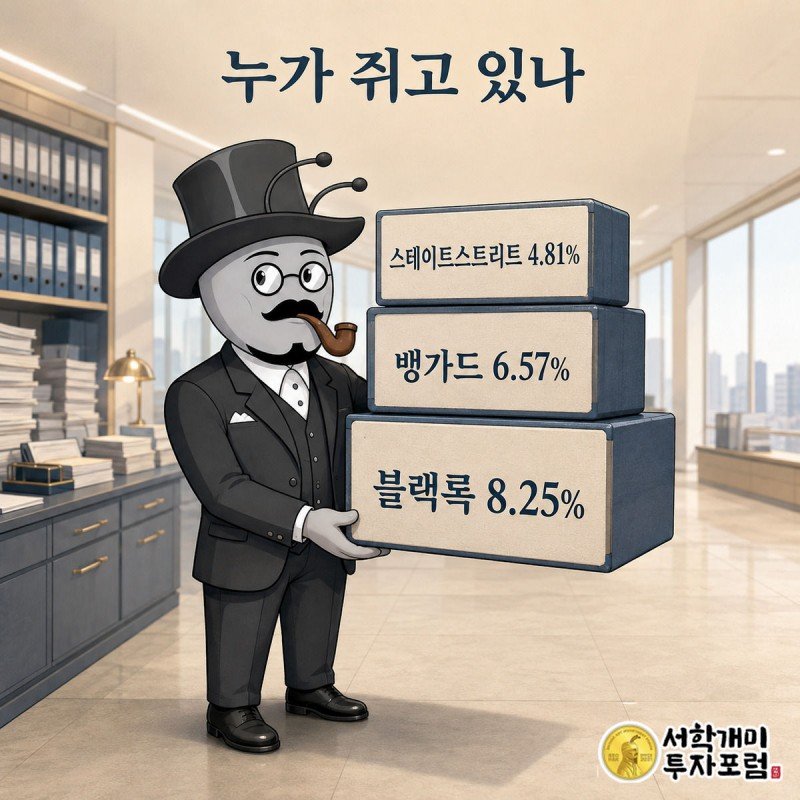 부자개미가 블랙록·뱅가드·스테이트스트리트 지분 비중을 나타낸 크기가 다른 세 블록을 신중하게 들어 살피고 있다