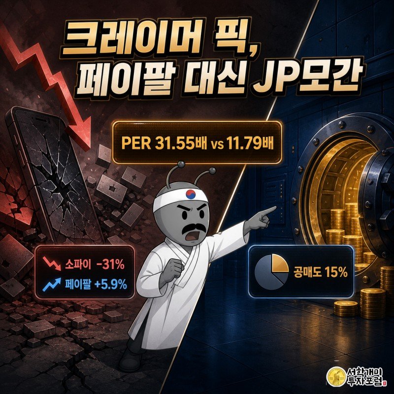 개미가 화면을 가른 채 무너지는 핀테크 아이콘과 견고한 은행 볼트를 번갈아 보며 놀란 표정으로 은행 쪽을 가리키고 있다.
