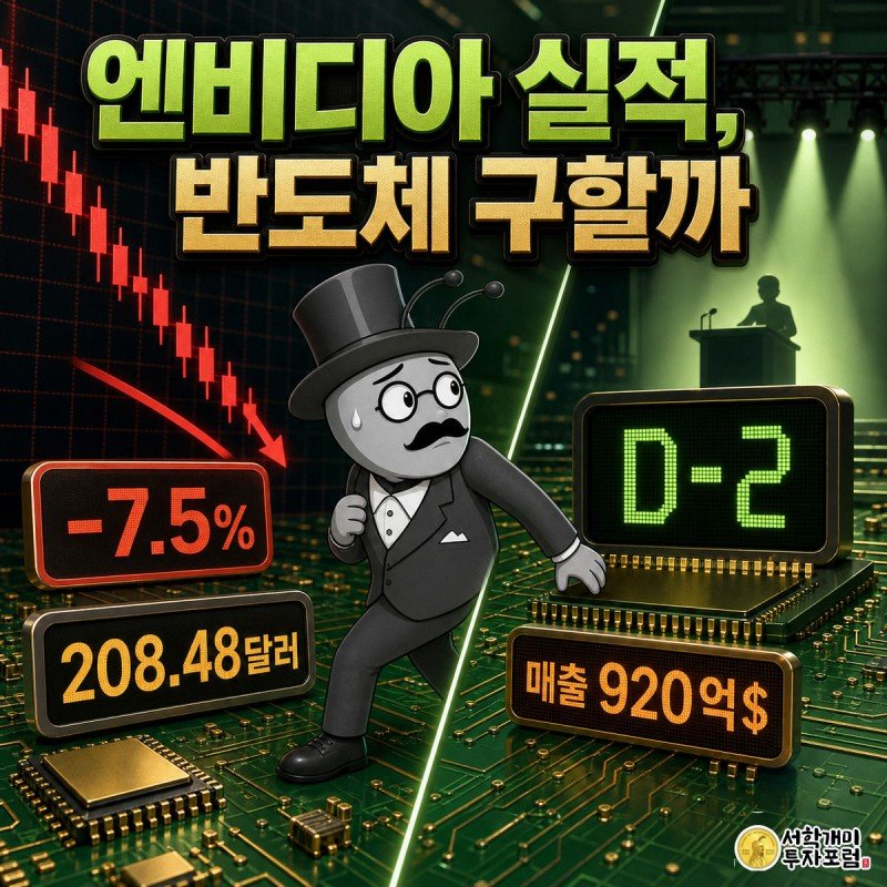엔비디아 주가가 7거래일 연속 하락한 가운데 27일 실적발표를 앞두고 기대와 불안이 섞인 표정을 짓는 개미 캐릭터를 그린 표지 일러스트