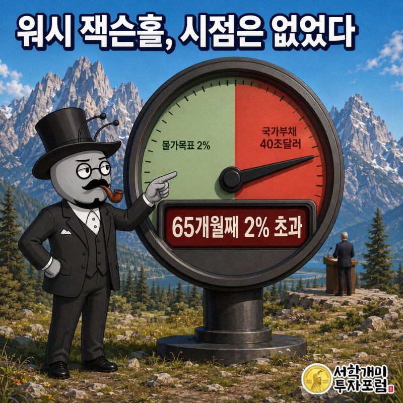 잭슨홀 연단 앞에서 부자개미가 물가목표 2% 초과 65개월째를 가리키는 경고 게이지를 보며 낙담한 표정을 짓는 정보 일러스트