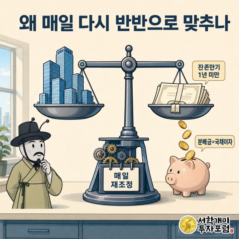 저울 위 마천루 블록과 채권 블록이 매일 수평을 맞추는 그림