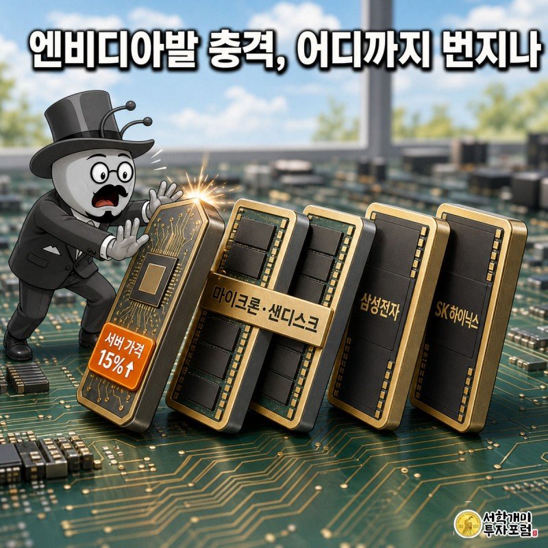 엔비디아 서버 가격 인상 도미노가 삼성전자·SK하이닉스 등 반도체주 도미노로 번지는 모습을 놀란 개미 캐릭터가 막으려는 인포그래픽