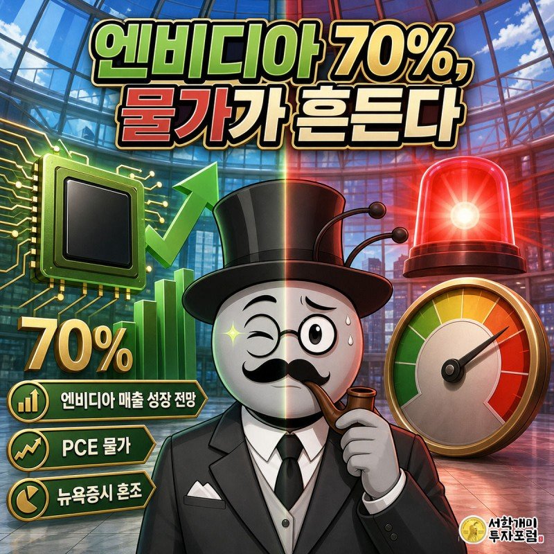 엔비디아 70% 성장 전망과 PCE 물가 부담 사이에서 표정이 반으로 갈린 개미를 그린 일러스트