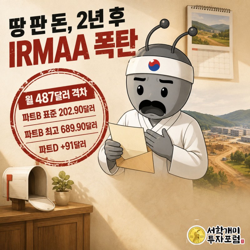 은퇴한 부자개미가 봉투에서 꺼낸 메디케어 고지서를 보고 놀라는 모습, 벽 달력은 2028년을 가리키고 멀리 시골 땅과 데이터센터 부지가 흐릿하게 겹쳐 보인다