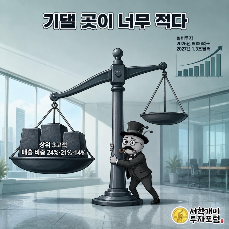 부자개미가 소수 대형 고객에 쏠린 저울의 균형을 잡으려 애쓰며 불안해하는 모습