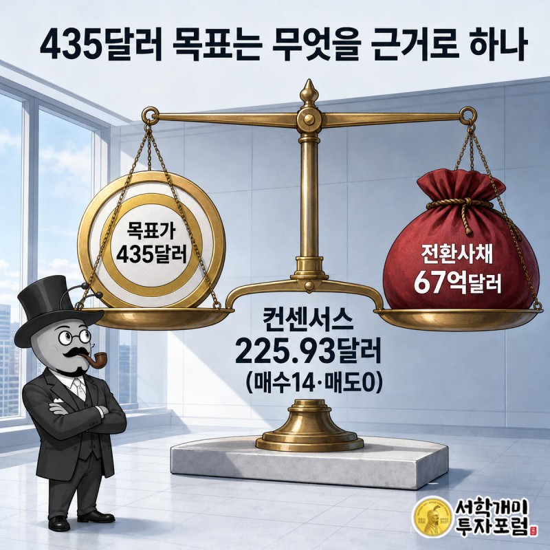 부자개미가 목표주가 435달러와 전환사채 부담이 균형을 이루는 저울을 살피는 정보 일러스트