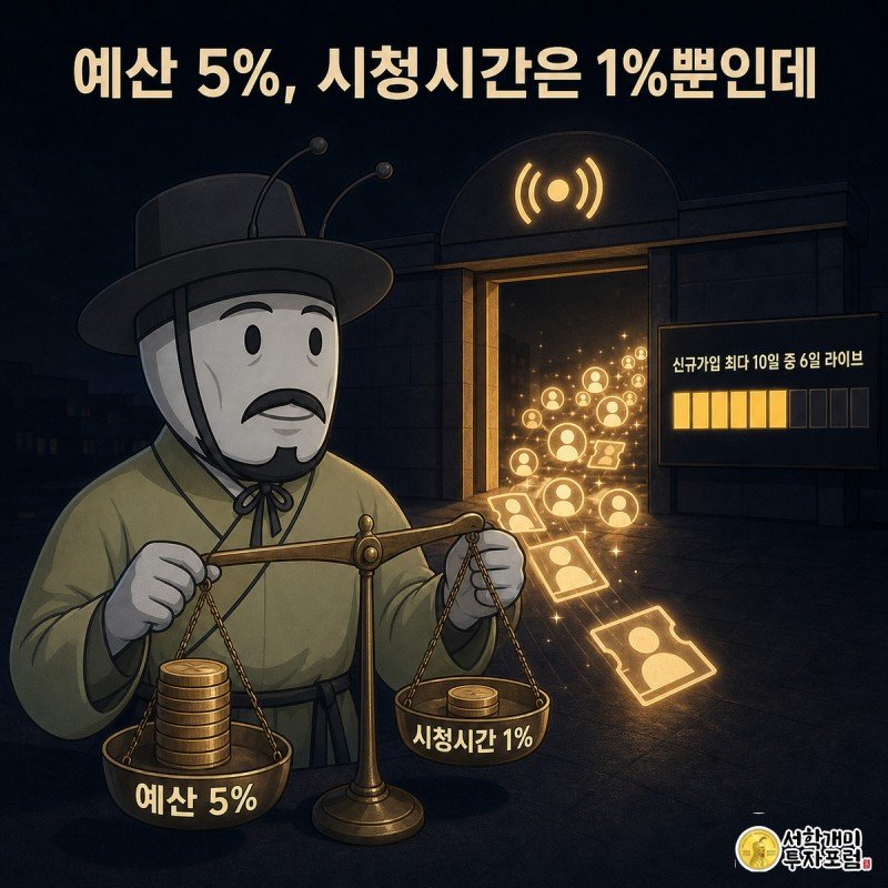 라이브 이벤트 게이트 앞에서 개미가 예산 5%와 시청시간 1%가 불균형한 양팔저울을 들고 있고, 게이트 너머로 신규가입자 행렬이 몰려드는 그림