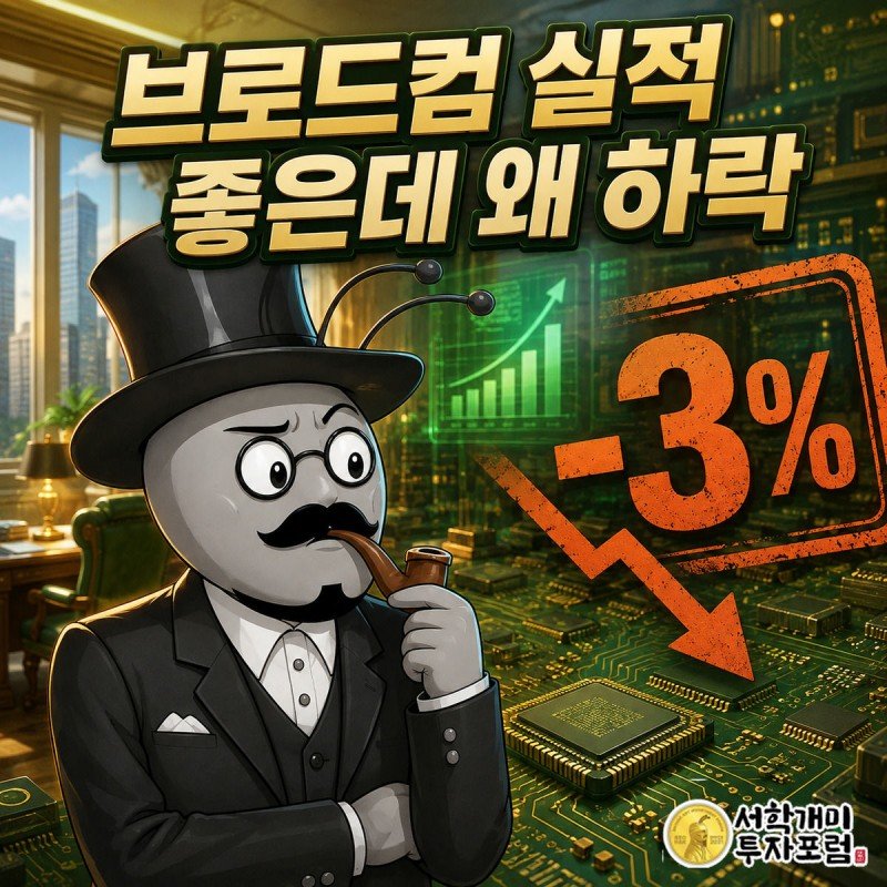 부자개미가 브로드컴의 AI 매출 전망 상향 보고서를 보면서도 주가 -3% 하락 화살표를 보고 당혹스러워하는 장면