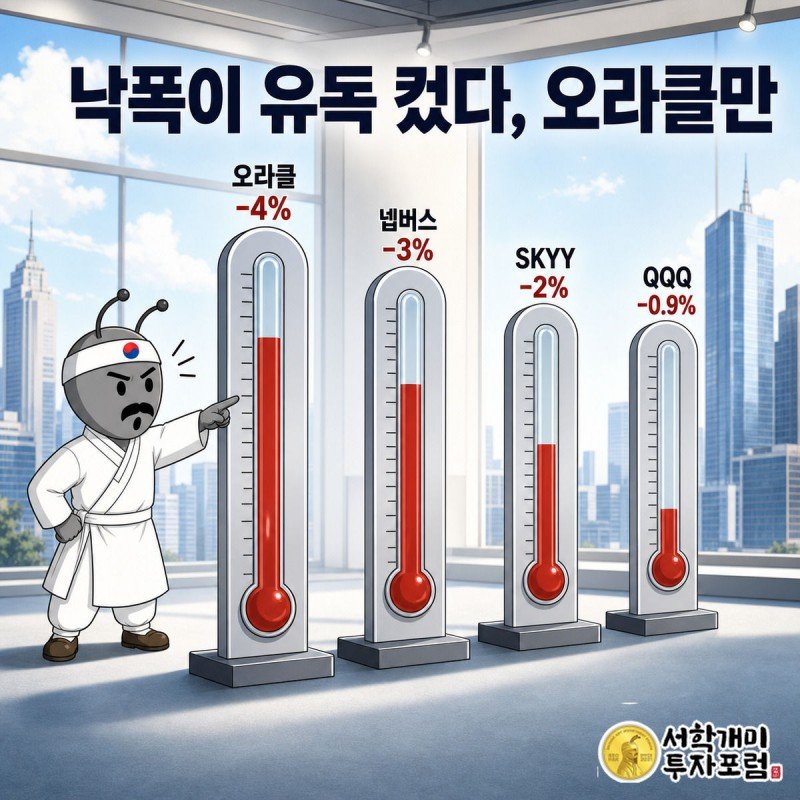 오라클 막대가 넵버스, SKYY, QQQ보다 훨씬 깊이 꺼진 하락폭 비교 막대그래프를 부자개미가 가리키는 그림