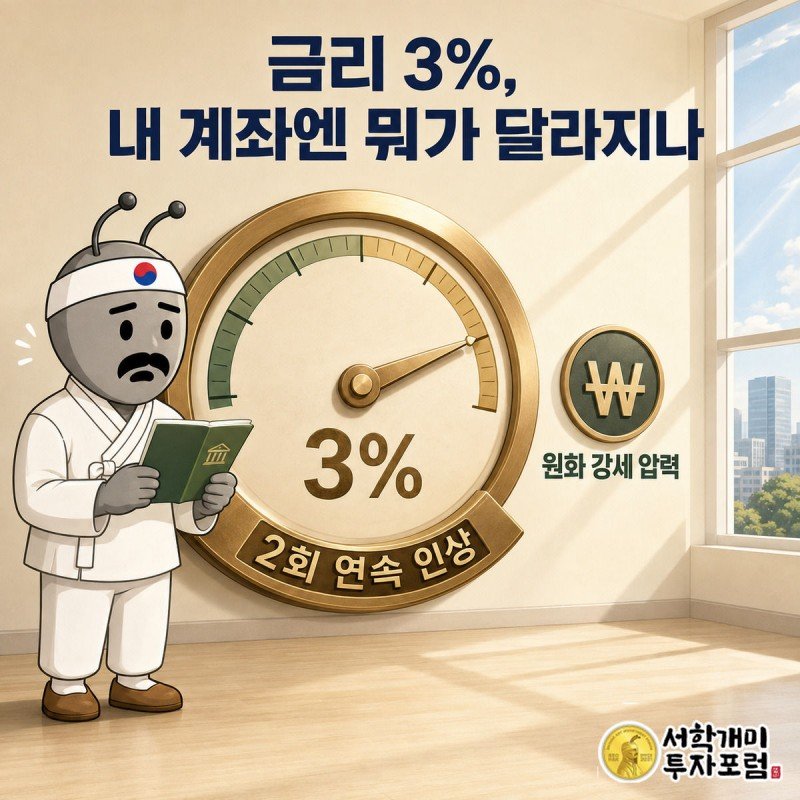 금리 3% 다이얼과 통장을 번갈아 보며 당황하는 서민개미