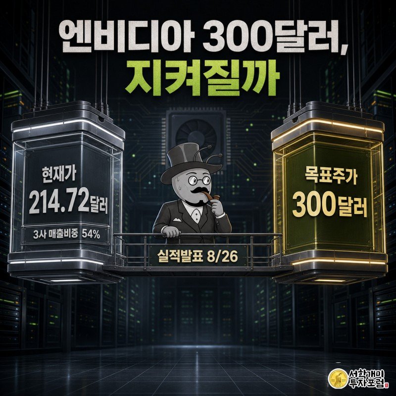 엔비디아 실적 발표를 앞두고 개미가 현재가 카드와 목표주가 카드 사이 다리 위에서 불안한 표정으로 서 있는 모습