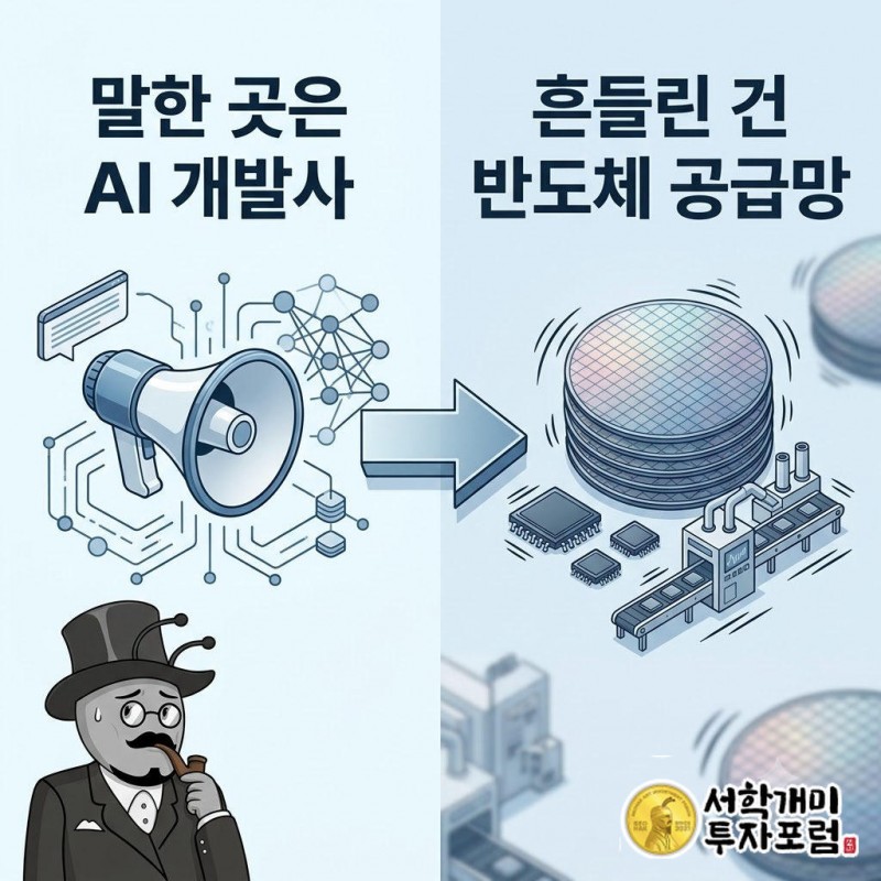화면 왼쪽 AI 연구실과 오른쪽 흔들리는 반도체 공장 전광판을 개미가 번갈아 보는 장면