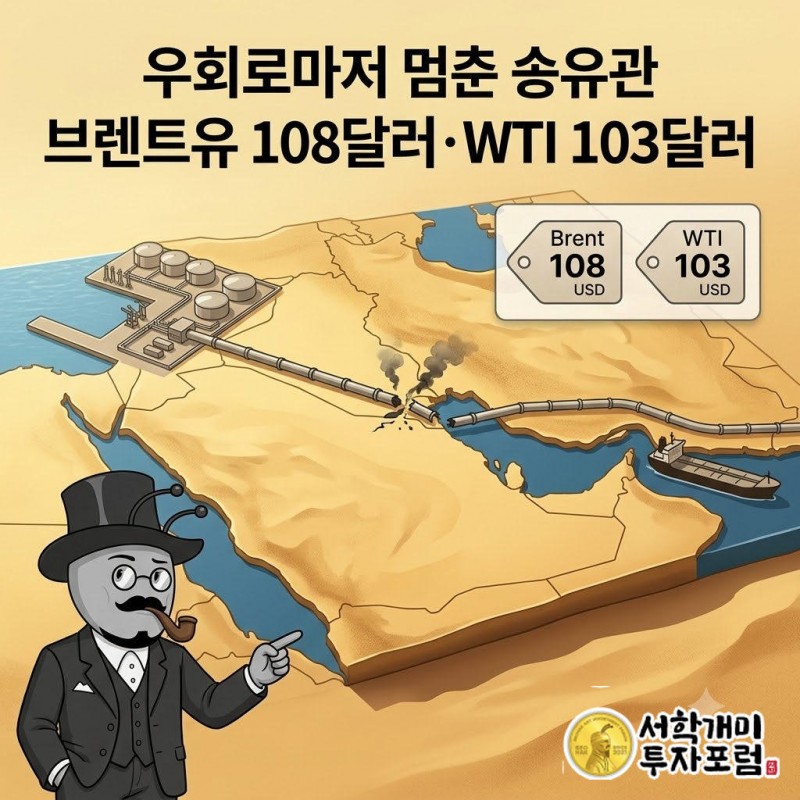 지도 위 호르무즈해협 우회 송유관에 균열 표시가 있고 개미가 걱정스럽게 가리키는 장면