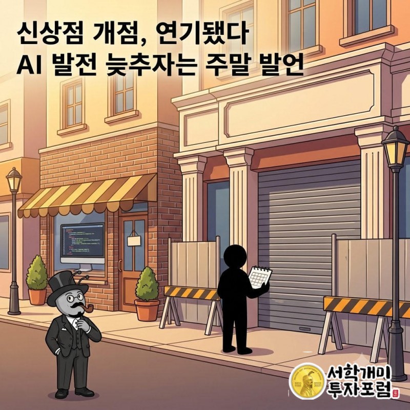 개미가 개점이 연기된 최신 AI 매장 간판을 보며 안도하는 소프트웨어 가게 비유 장면