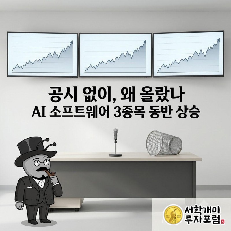 개미가 발표 없이 나란히 오른 C3.ai 등 세 종목의 트레이딩 화면을 놀란 표정으로 가리키는 모습