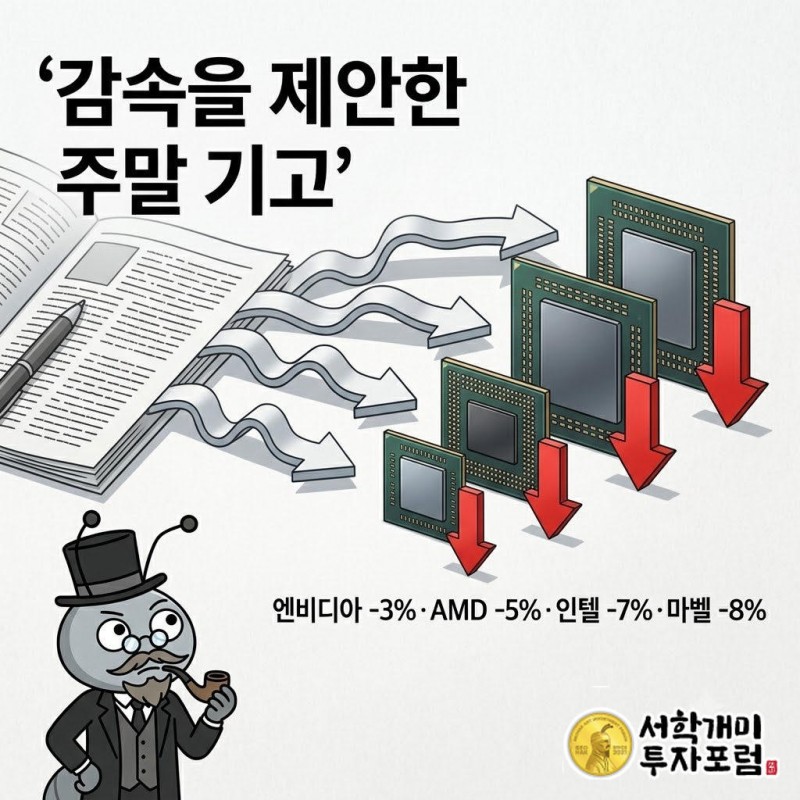 개미가 주말 기고문을 들고 있고 뒤편 전광판에 반도체 기업들의 하락률이 나열된 장면