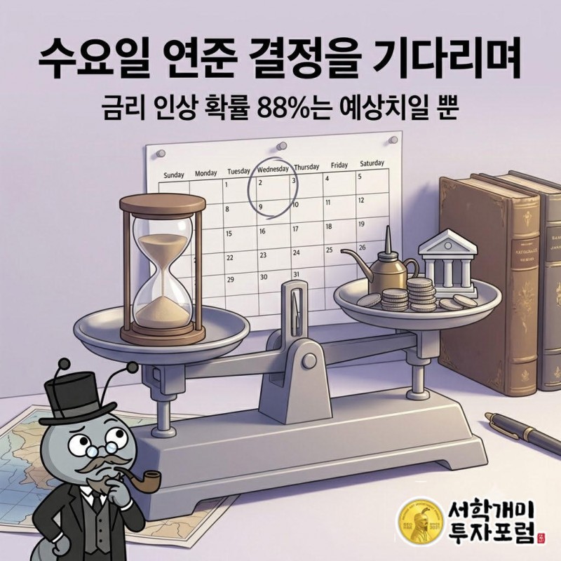 개미가 달력의 수요일을 가리키며 금리 인상 확률 계기판을 함께 살피는 장면
