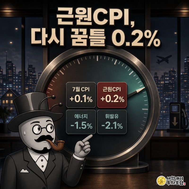 개미가 물가 게이지 바늘이 마이너스에서 플러스로 넘어온 것을 보며 당혹스러운 표정으로 근원CPI 0.2% 배지를 가리키는 모습