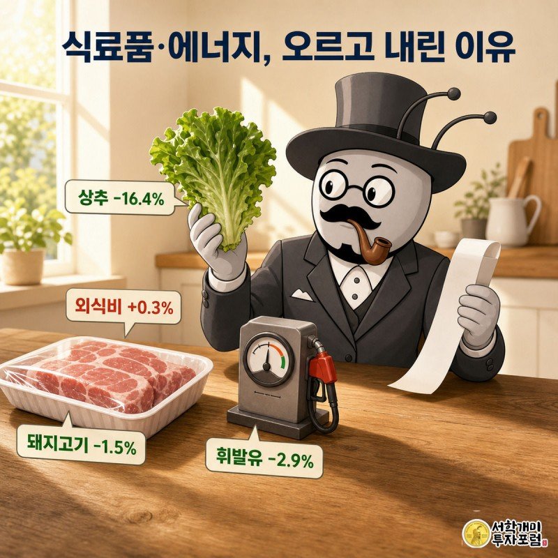 개미가 주방 식탁에서 상추, 돼지고기, 외식 영수증, 휘발유 계기판을 늘어놓고 품목별 가격 등락을 확인하는 이미지
