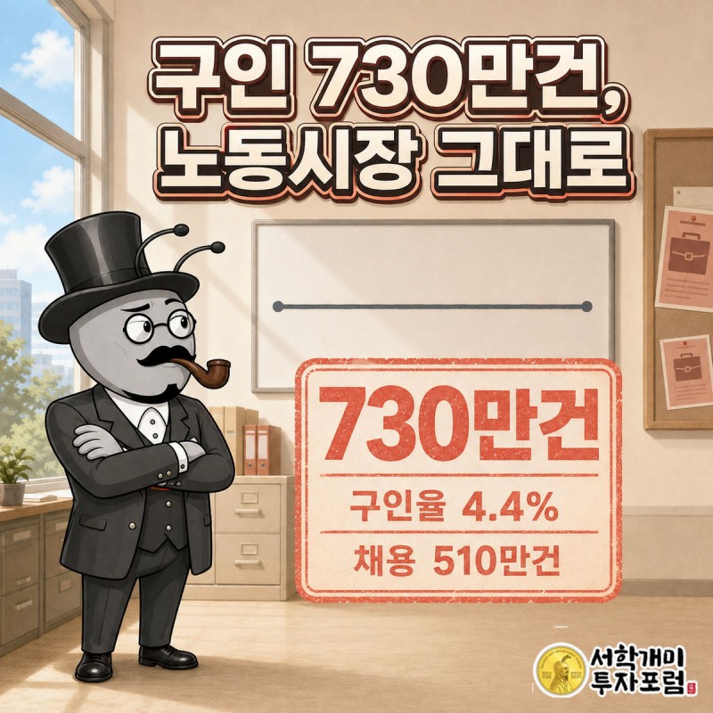 평탄한 라인 차트 앞에서 서민개미가 팔짱을 끼고 의심스러운 표정으로 730만건 수치를 바라보는 표지 이미지