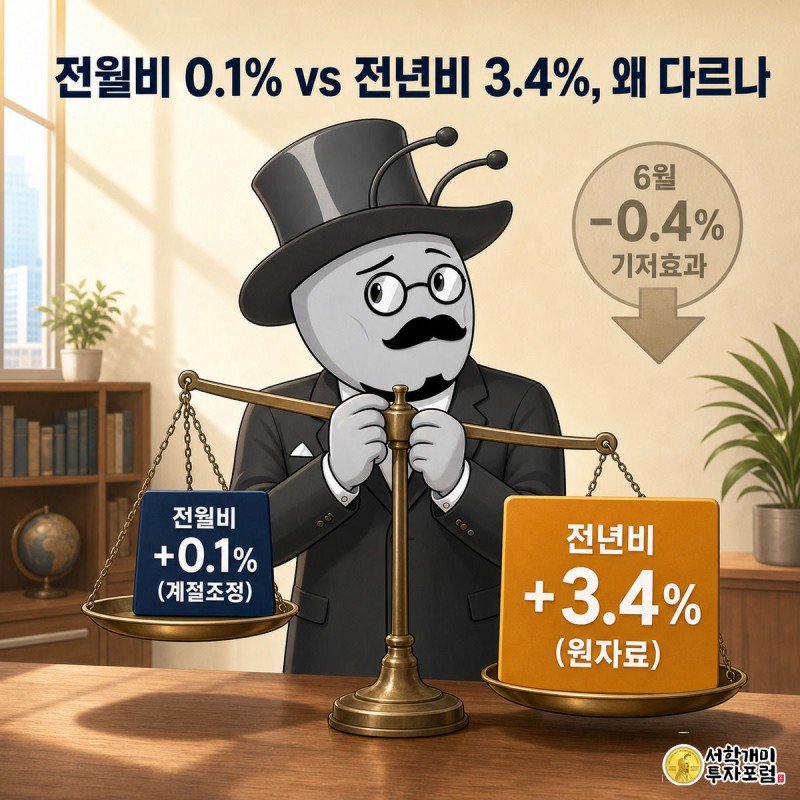 개미가 저울 양쪽에 전월비 0.1%와 전년비 3.4% 숫자판을 올려 두 수치의 계산 기준 차이를 비교하는 이미지